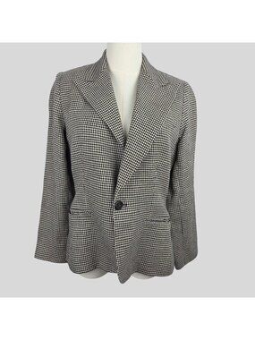 Ralph Lauren Houndstooth Linen Blazer Jacket Sz 8 Made In Italy B&W Old Money